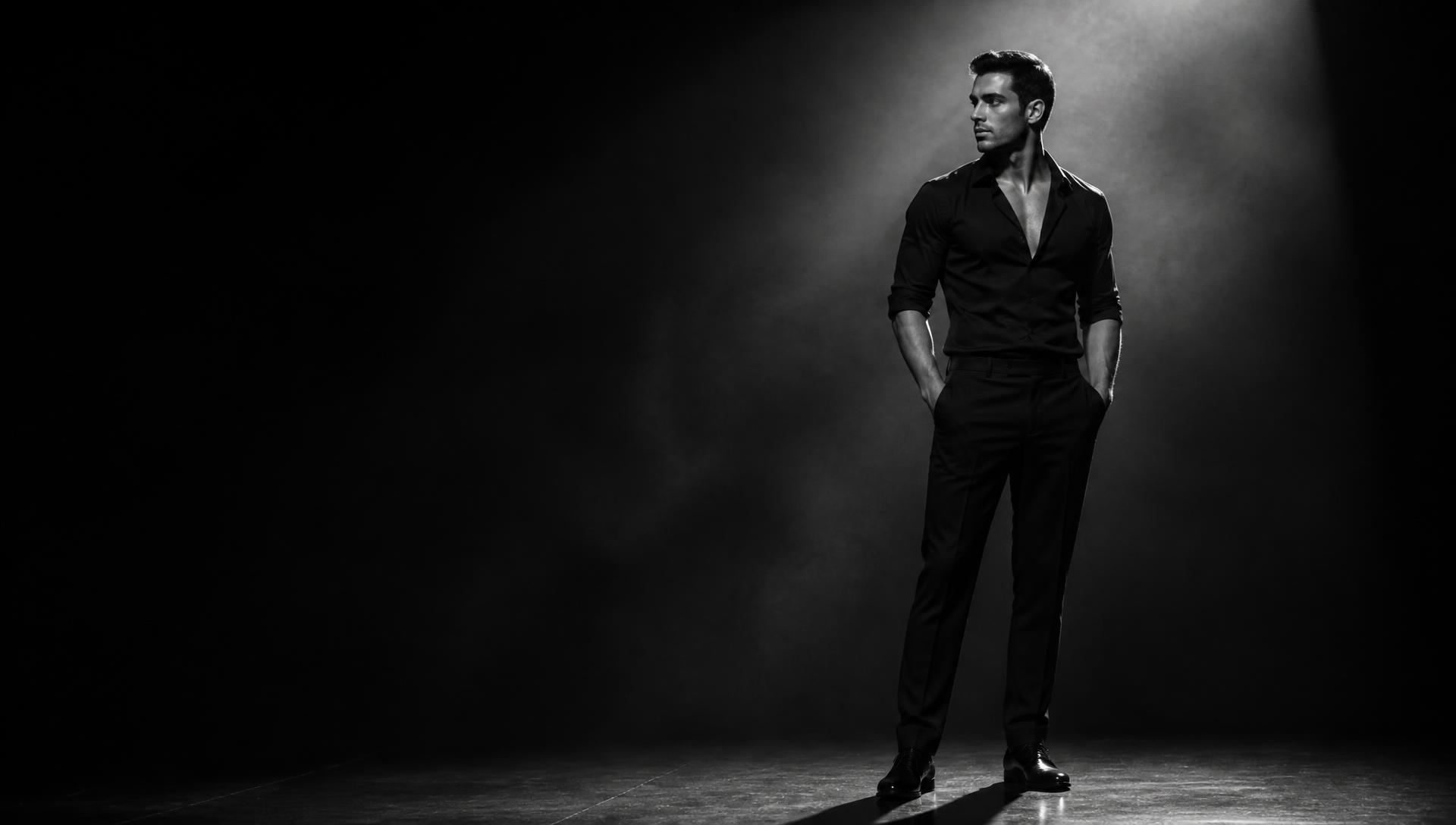 Performer under a dramatic stage spotlight